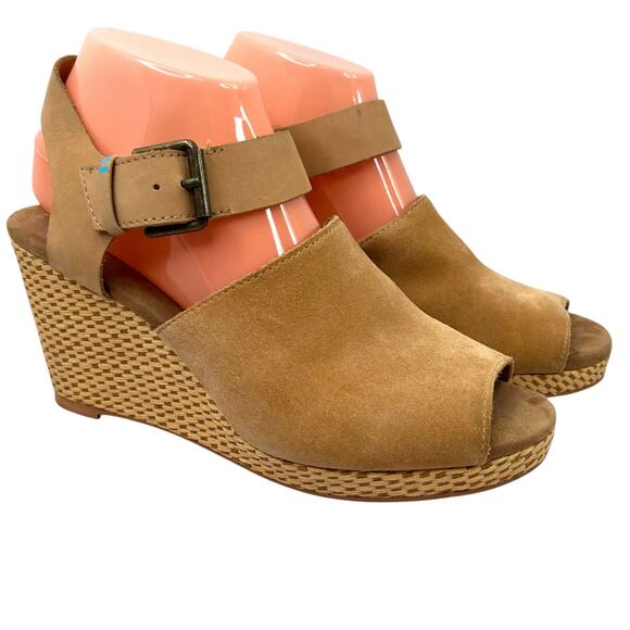 TOMS Tropez Wedge Platform Sandal 3 inch Heel in Honey Suede Leather Women's 8.5 - Picture 2 of 15